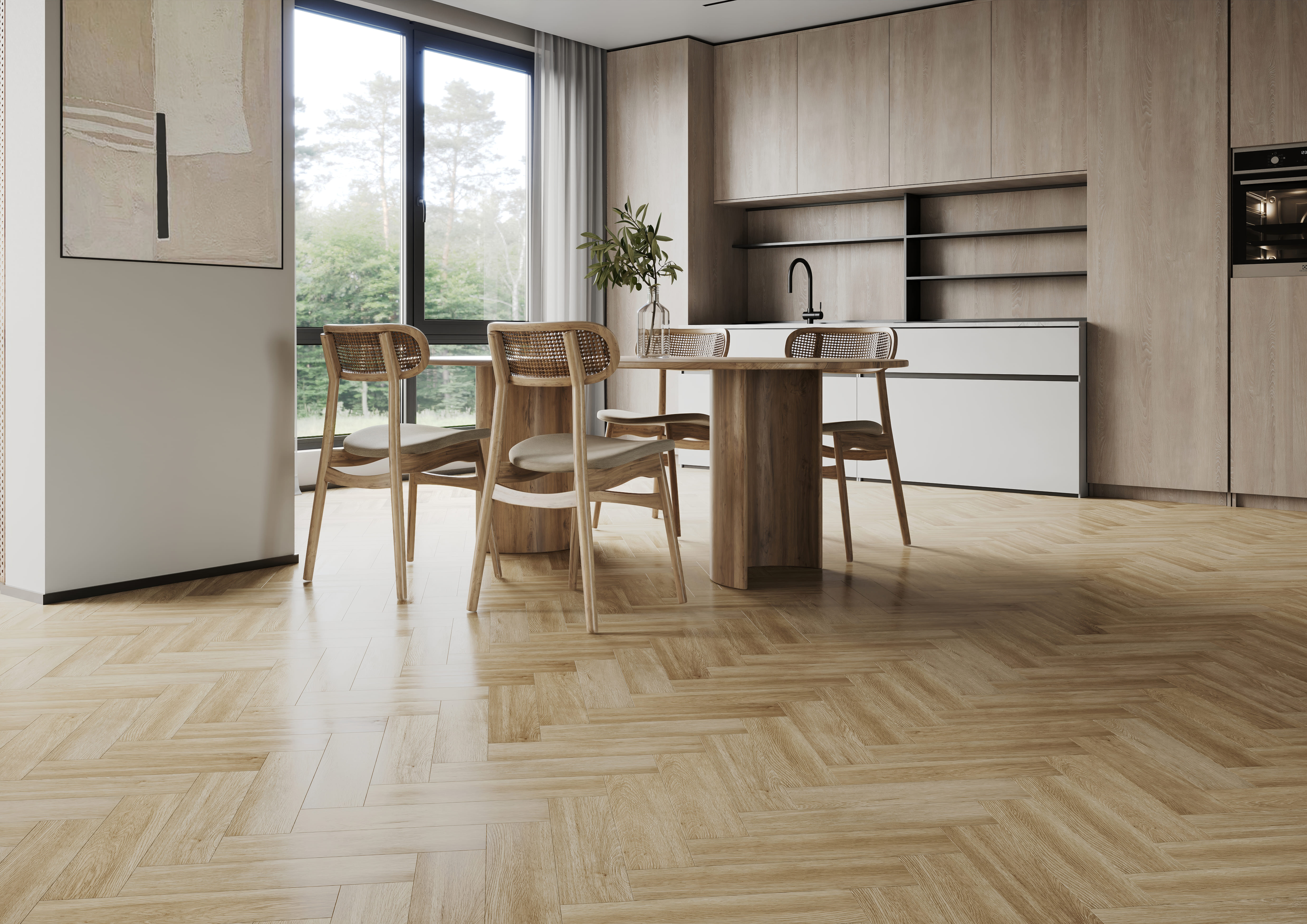 Кварцвиниловый SPC ламинат Home Expert Parquet Design Дуб Фраппе 44-7009-64 венгерская елка 400×100×4,5 фото в интерьере